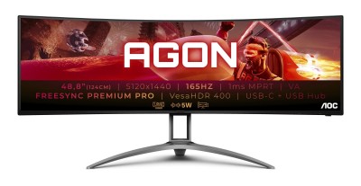 49" AOC Agon Gaming AG493UCX, Curved VA 5120x1440, 1 ms, 165Hz, HDR400, höjdjusterbar, 3xHDMI/DP/USB-C 65W, högtalare, USB-hub