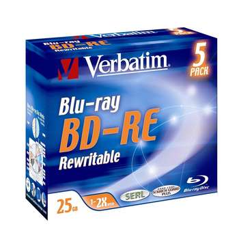 Blu-Ray BD-RE media Verbatim 25 GB 2X, Scratchguard surface, 5-pack jewel case