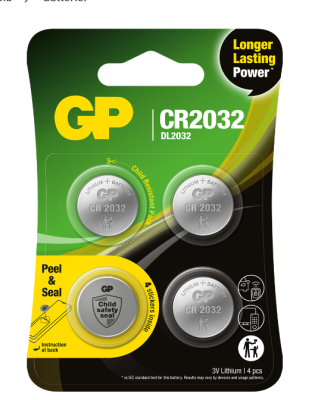 GP Lithium Cell Battery CR2032, 3V, Safety Seal, 4-pack
