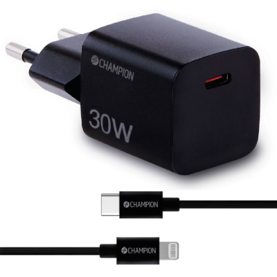 Champion Laddare 30W + USB-C till Lightning Kabel Svart