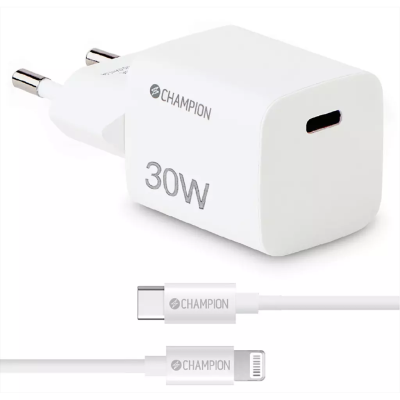Champion Laddare 30W + USB-C till Lightning Kabel Vit
