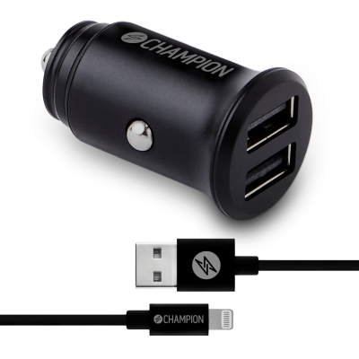 Champion Billaddare 24W + USB-A till Lightning Kabel Svart