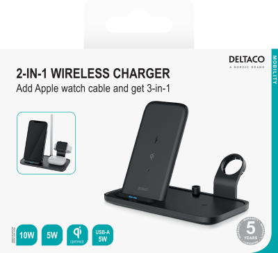 DELTACO 2-in-1 wireless charger, 10 W, 5 W, USB-A out 5 W, black#6