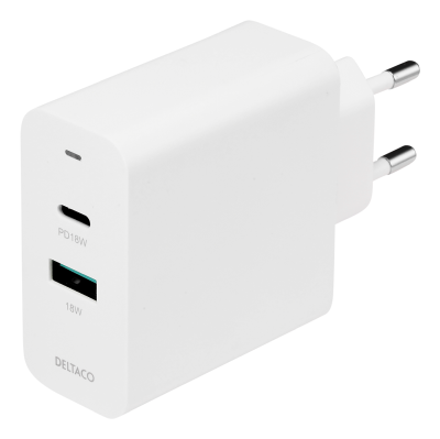 DELTACO USB wall charger, 1x USB-C PD 18 W, 1x USB-A 18 W, 36 W, white#1