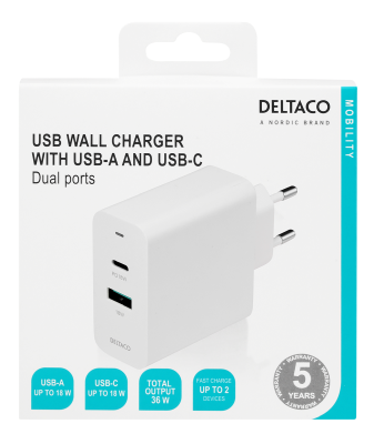 DELTACO USB wall charger, 1x USB-C PD 18 W, 1x USB-A 18 W, 36 W, white#5