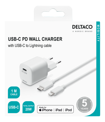 DELTACO USB wall charger, USB-C, PD 20 W, including 1 m C to Lightning#5