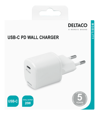 DELTACO USB wall charger, 1x USB-C, 20 W, PD, white#3
