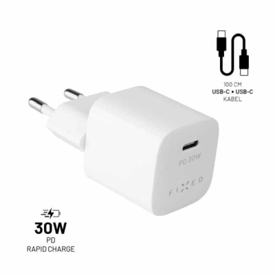 Miniladdare USB-C PD 30W + USB-C/C Kabel Vit