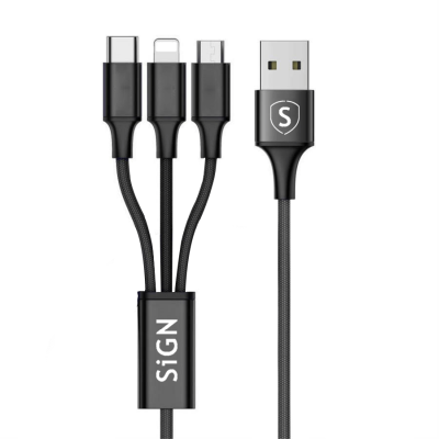 SiGN 3-i-1 Kabel 0,25m - Lightning, USB-C, Micro-USB, 5V, 3A - Svart#2