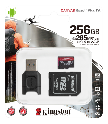 Micro Secure Digital SDXC 256 GB Kingston Canvas React Plus, 285/165 MB/sek, Class 10, UHS-II U3, V90, optimerad för DSLR-kameror och 4K/8K-video, inkl. USB 3.0 kortläsare och SD-adapter