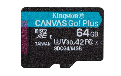 Micro Secure Digital SDXC 64 GB Kingston Canvas Go! Plus Gen4, 200 MB/sek läs, Class 10, UHS-I U3, V30, A2