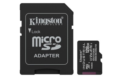 Micro Secure Digital SDXC 128 GB Kingston Industrial pSLC, 100/80 MB/sek, Class 10, UHS-I U3, V30, A1, inkl. SD-adapter