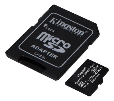 Micro Secure Digital SDHC 32 GB Kingston Canvas Select Plus, 100 MB/sek läs, Class 10, A1, UHS-I U1, inkl. SD-adapter