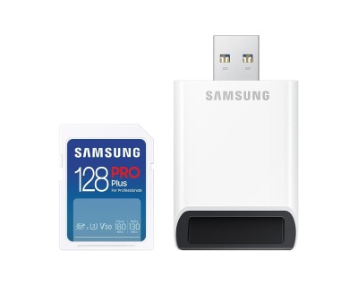 Secure Digital SDXC 128 GB Samsung PRO Plus, 180/130 MB/sek, UHS-I U3 Class10 A2 V30, inkl. USB-A SD-kortläsare