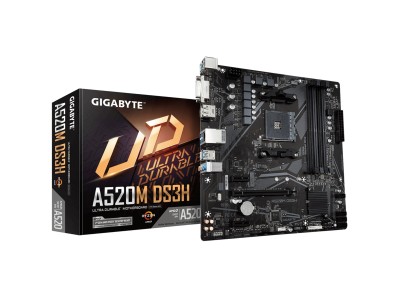 Gigabyte A520M DS3H, AMD Socket AM4, A520, MicroATX, 2xDDR4, PCI Express, M.2 + SATA3 RAID, VGA/DVI/HDMI, 7.1-ljud, USB 3.2, GigaLAN, RGB Fusion 2.0