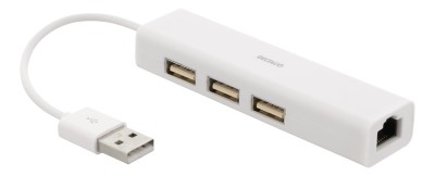Deltaco USB 2.0 network adapter with USB hub, 100Mbps, 3xUSB, white