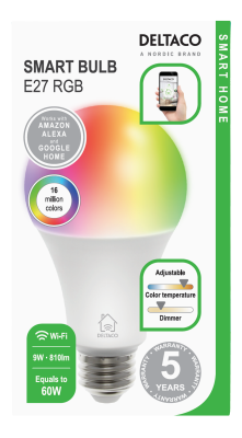 Deltaco Smart Home SH-LE27RGB RGB LED-lampa, E27, WiFi, 9W - Vit#2