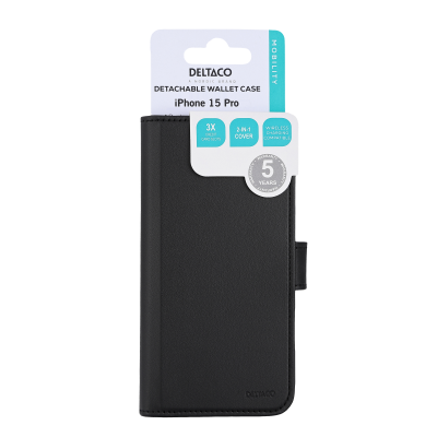 Deltaco Wallet case, 2-in-1, iPhone 15 Pro, magnetic cover, black#3