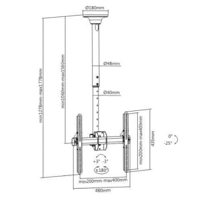 Takfäste HI-ND Ceiling Mount and Telescope pipe, för skärm 32-65", 100-160cm, VESA 200x200-400x400mm, max 50 kg - Svart#3