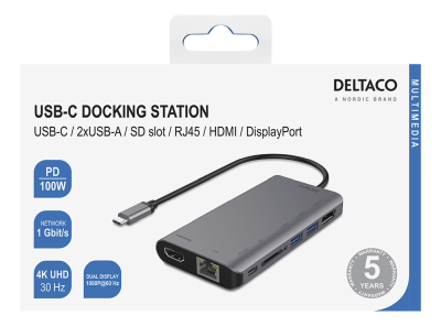 Dockningsstation Deltaco, USB-C till HDMI/DP/2xUSB 3.0/GigaLAN USB-C PD 3.0 100W, kortläsare SD - Rymdgrå#4