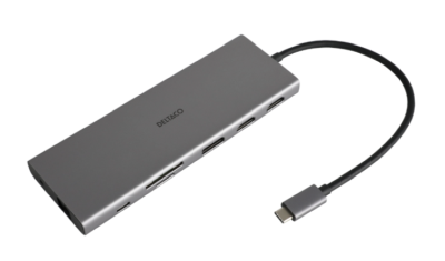 Dockningsstation Deltaco Triple, USB-C till 2xHDMI/DP/3xUSB 3.0/GigaLAN/USB-C 85W PD, kortläsare SD/MicroSD, ljud