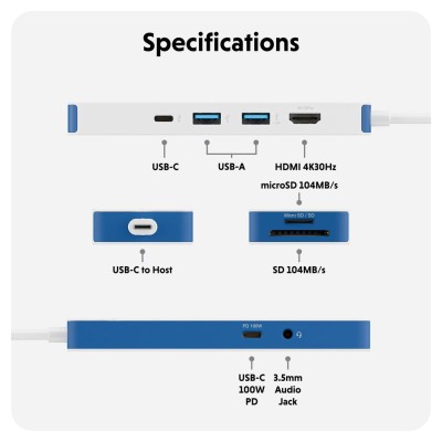 USB-C-hub Hyper HyperDrive Flex 8 Port Hub, 1xHDMI, 2xUSB-C, 2xUSB-A, kortläsare SD/MicroSD - Vit/Blå#4